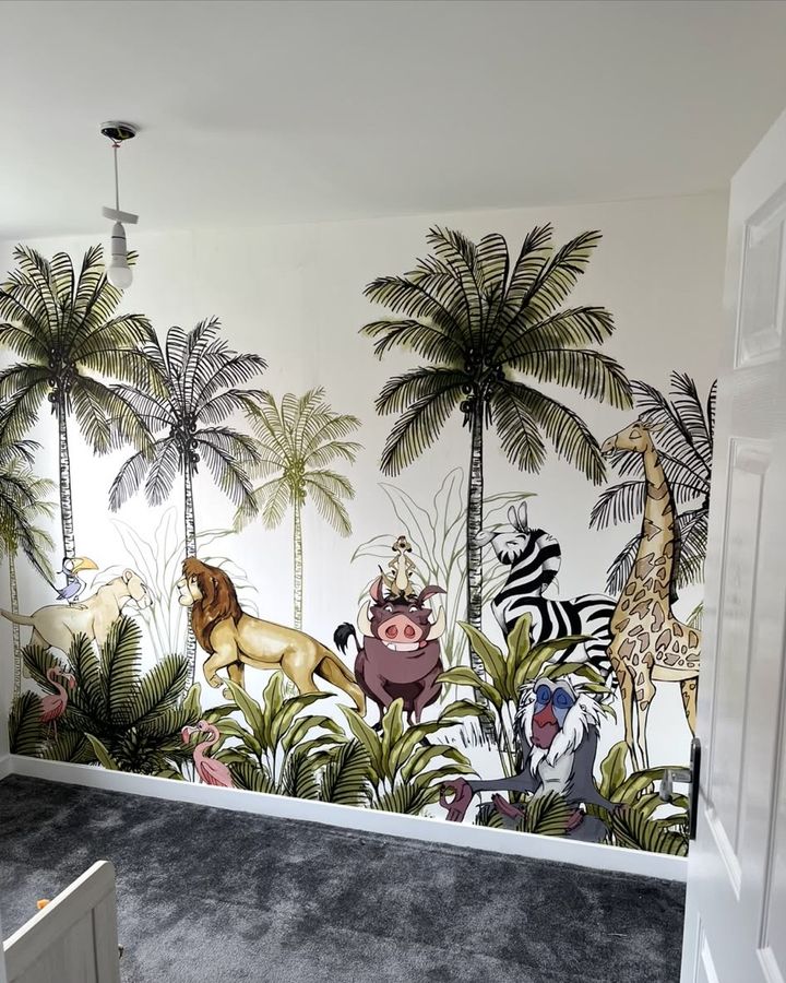 Children's bedroom with a jungle wallpaper mural